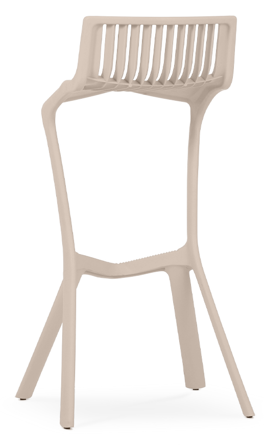 Banco alto em plástico com fibra de vidro, injeção a gás, para uso exterior e interior, proteção contra raios UV, tacos antiderrapantes, reciclável. Fabricado em Portugal, Plásticos Joluce.