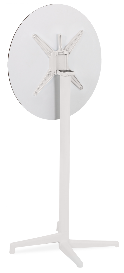 Mesa alta com tampo em madeira compacto, pernas em alumínio, para uso exterior e interior, proteção contra raios UV, tacos antiderrapantes, reciclável. Fabricado em Portugal, Plásticos Joluce.