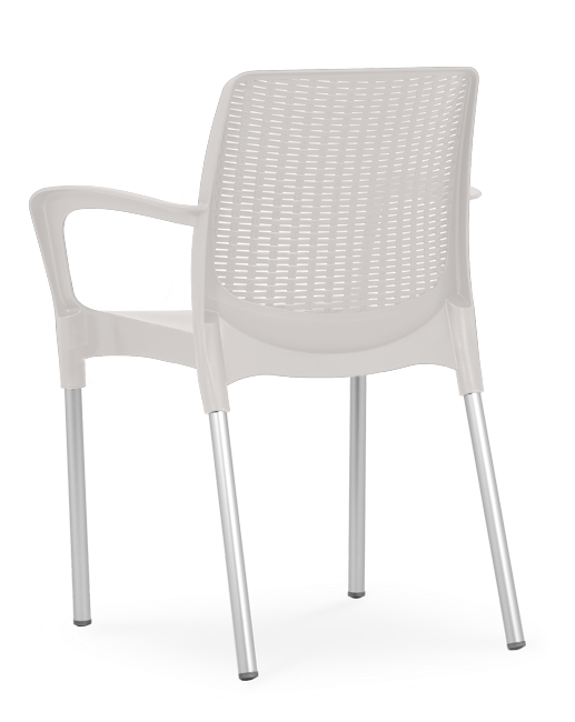 Cadeira em plástico para uso exterior, pernas de alumínio, proteção contra raios UV, reciclável, empilhável. Fabricado em Portugal, Plásticos Joluce.
