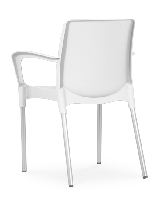 Cadeira em plástico para uso exterior, pernas de alumínio, proteção contra raios UV, reciclável, empilhável. Fabricado em Portugal, Plásticos Joluce.