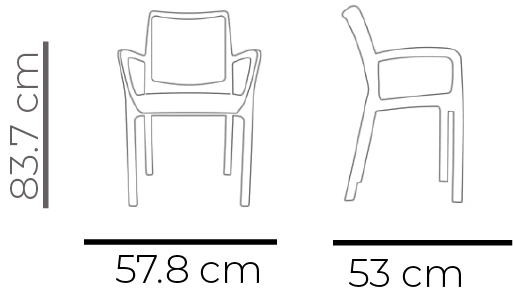 Cadeira com braços em plástico, para uso exterior e interior, proteção contra raios UV, reciclável, empilhável. Fabricado em Portugal, Plásticos Joluce.